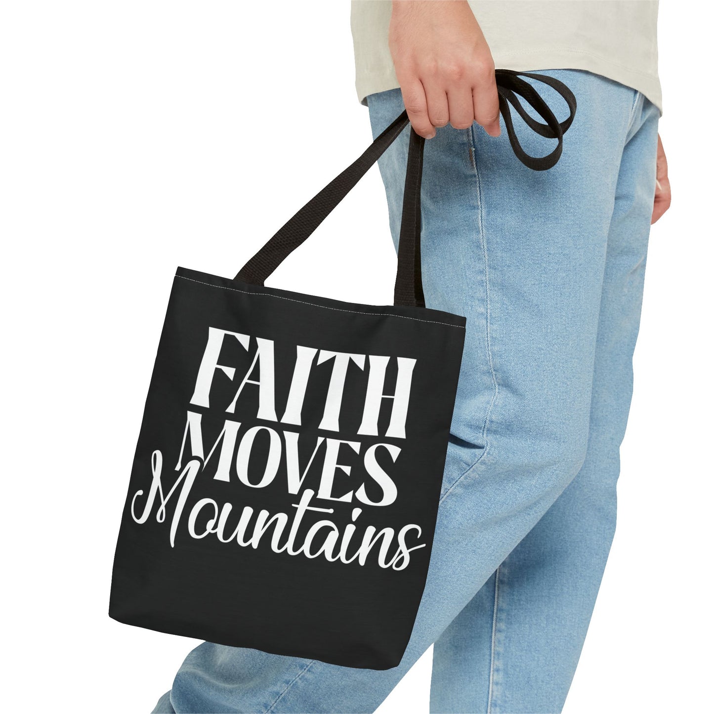 "Faith Moves Mountains Tote Bag - 13” All Over Print"