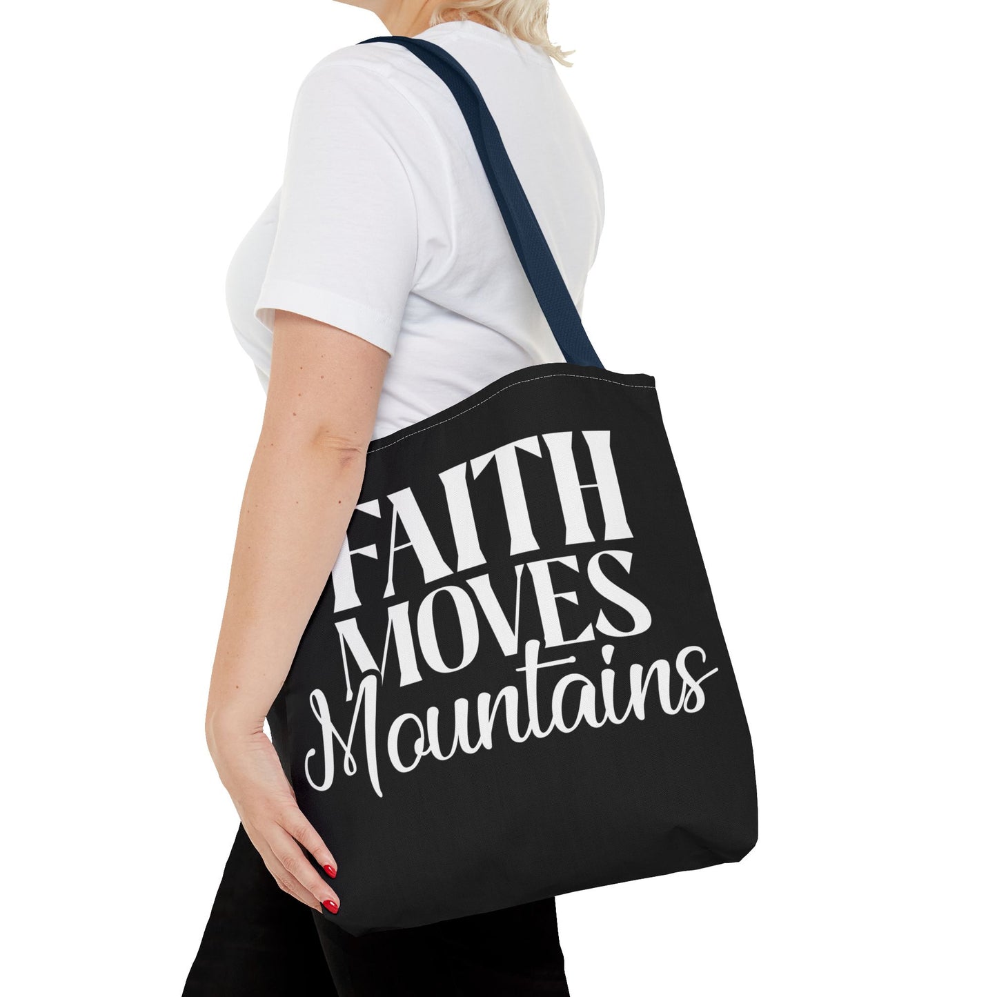 "Faith Moves Mountains Tote Bag - 16" All Over Print"