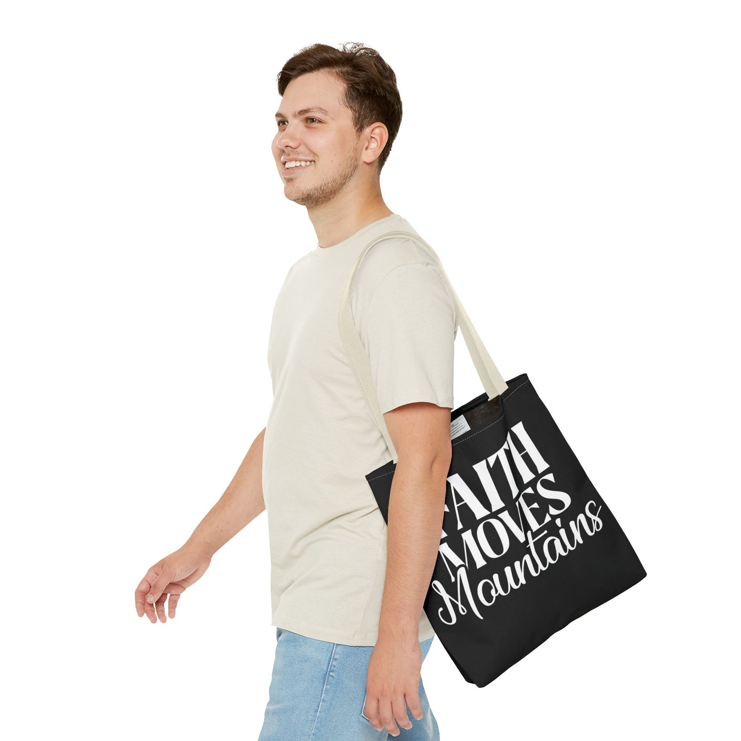 "Faith Moves Mountains Tote Bag - 16" All Over Print"