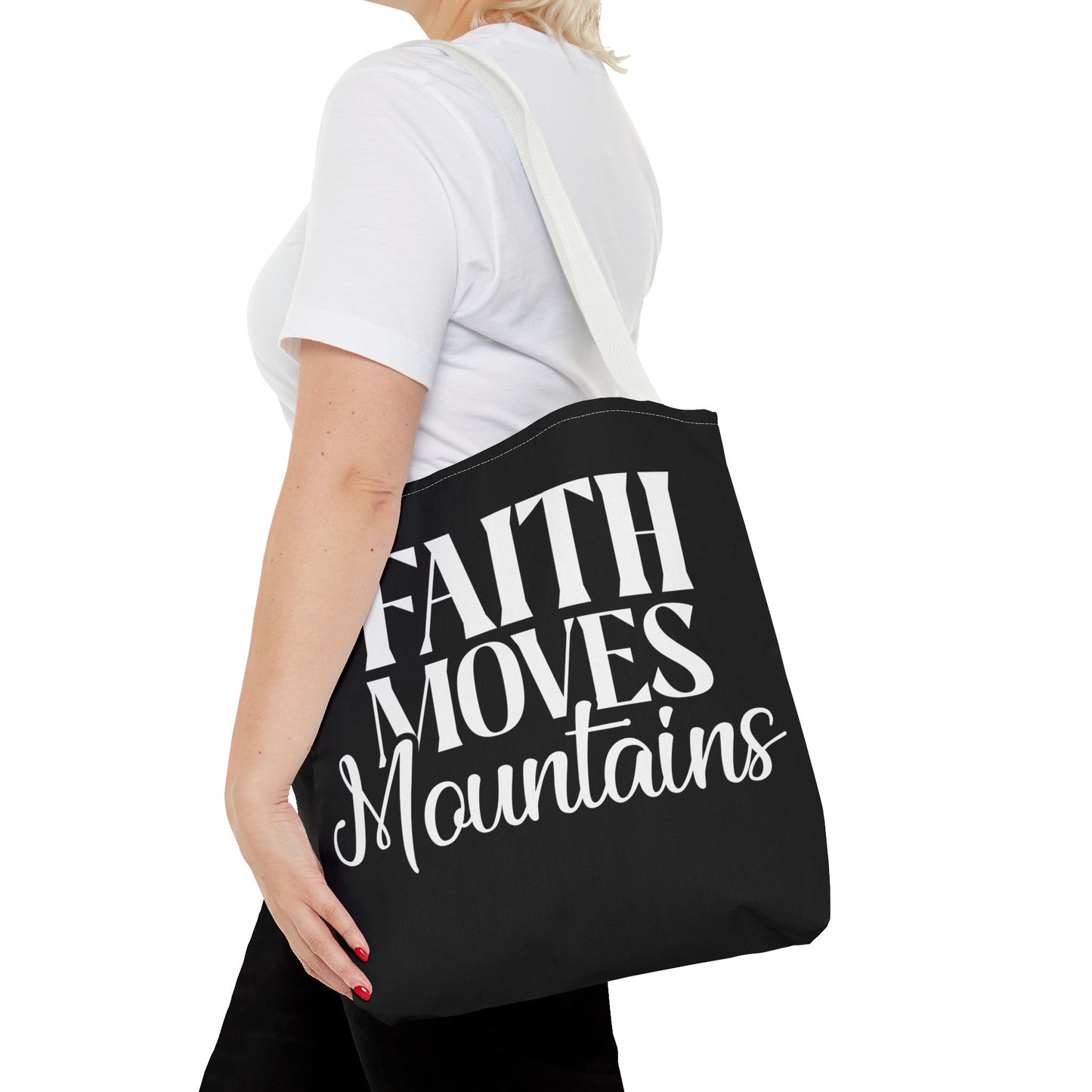 "Faith Moves Mountains Tote Bag - 16" All Over Print"