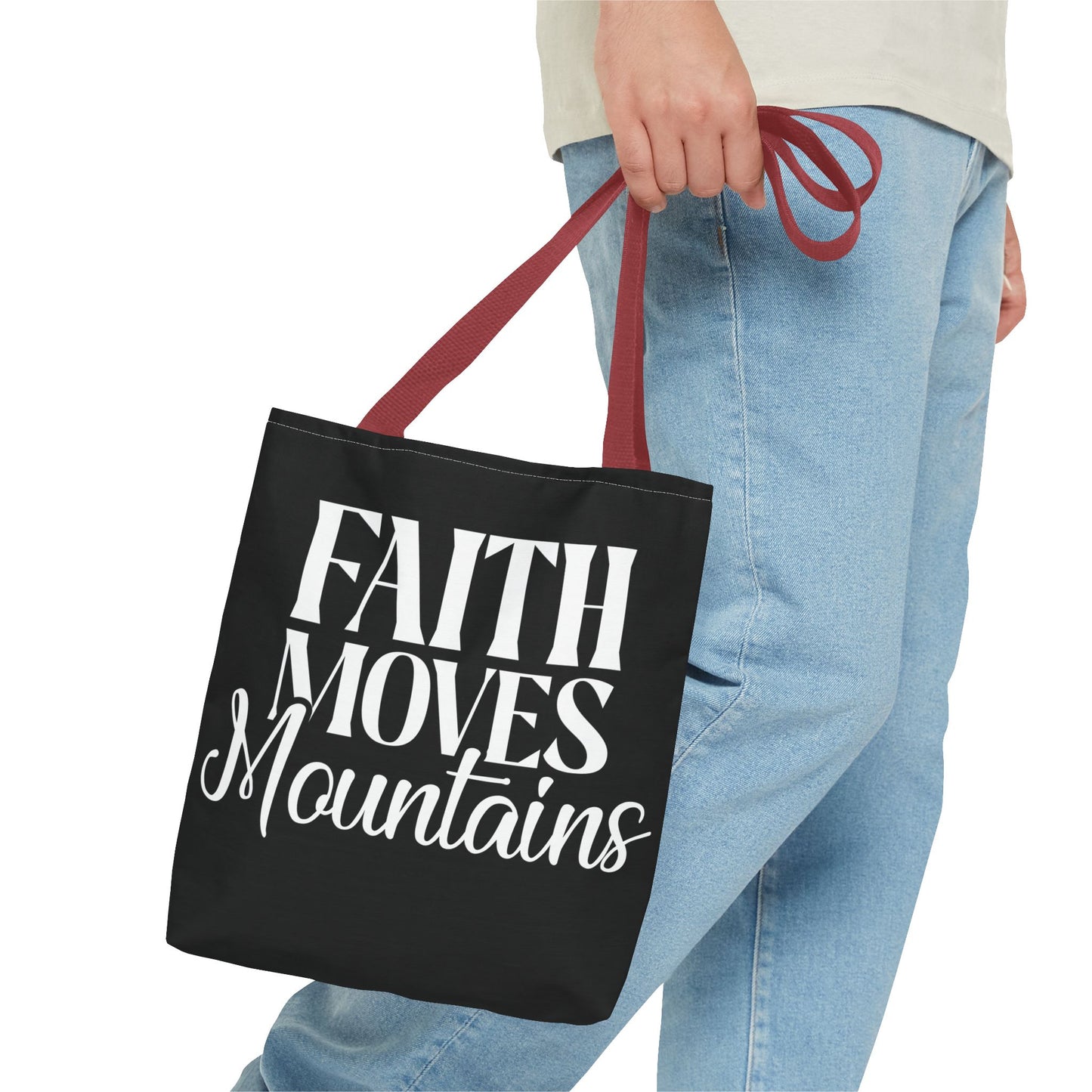 "Faith Moves Mountains Tote Bag - 13” All Over Print"