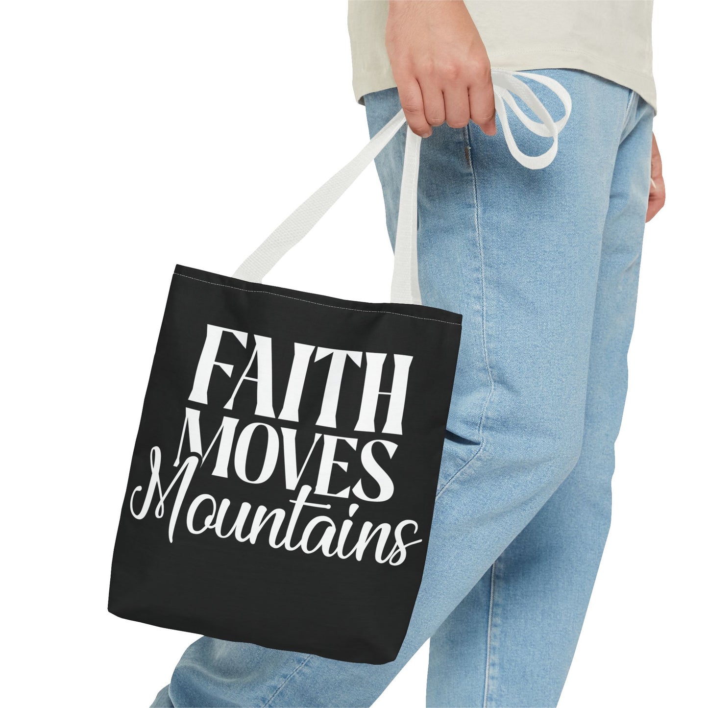 "Faith Moves Mountains Tote Bag - 13” All Over Print"