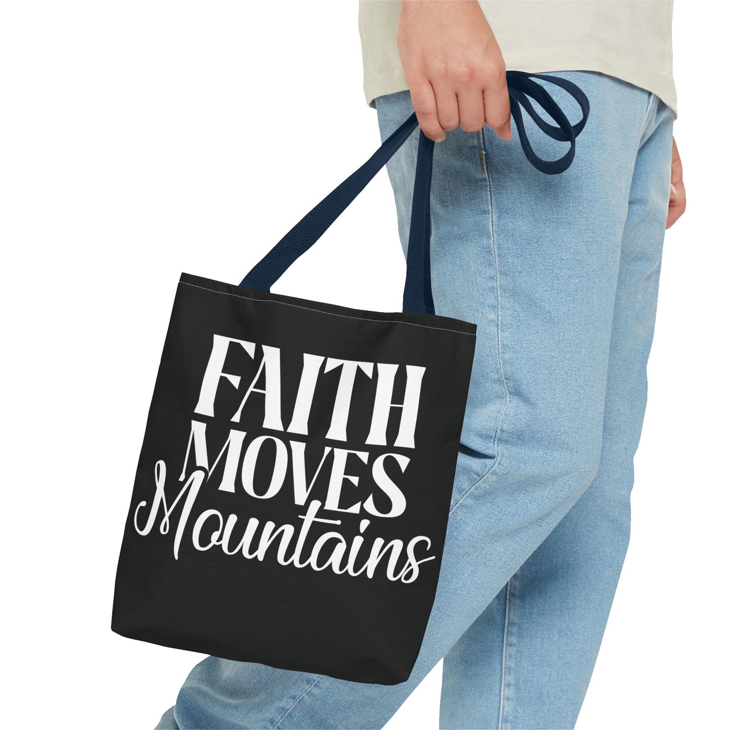 "Faith Moves Mountains Tote Bag - 13” All Over Print"