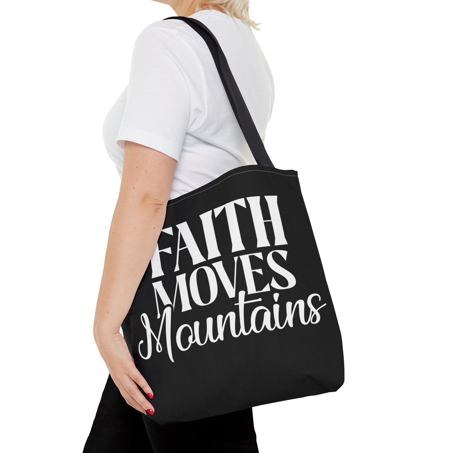 "Faith Moves Mountains Tote Bag - 16" All Over Print"