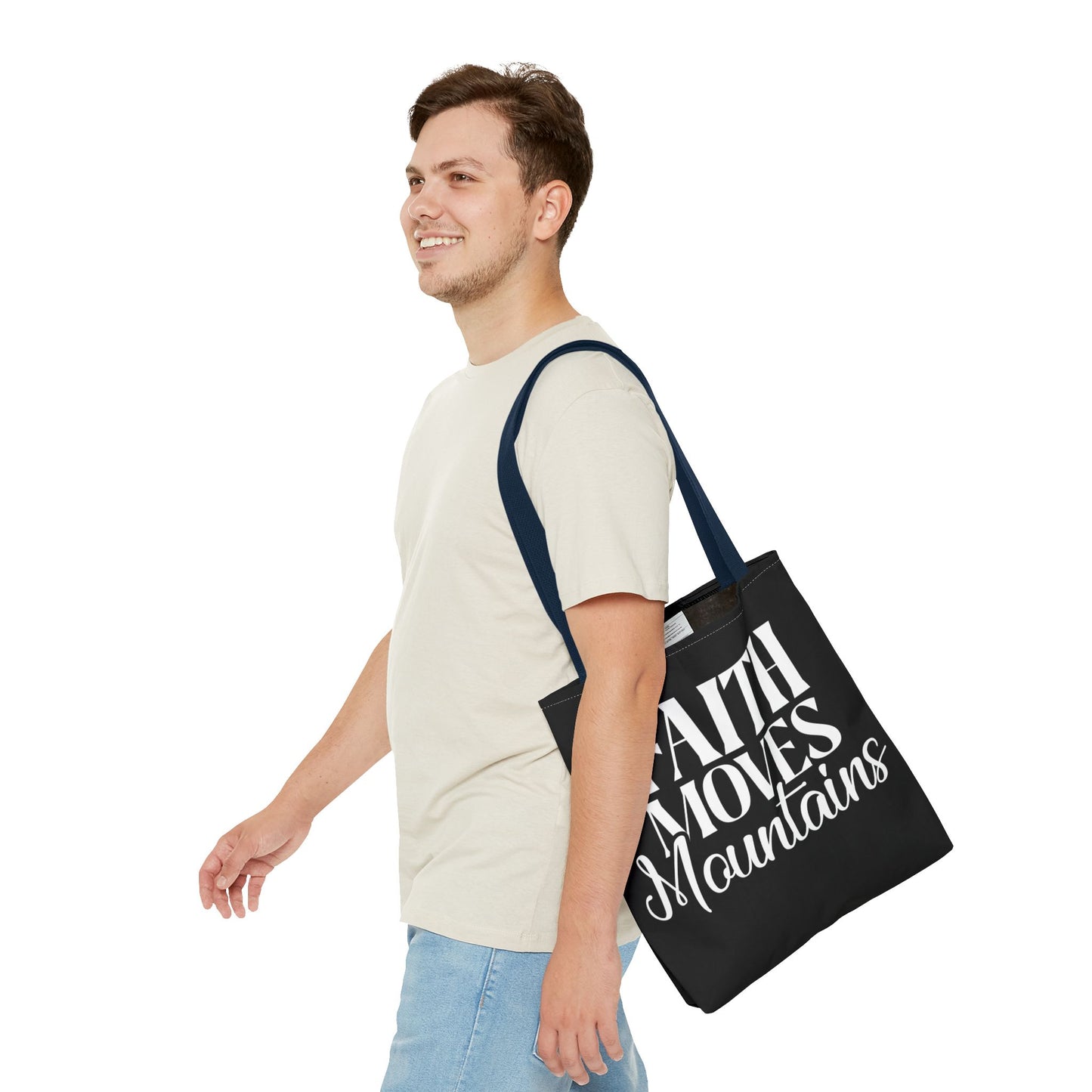 "Faith Moves Mountains Tote Bag - 16" All Over Print"