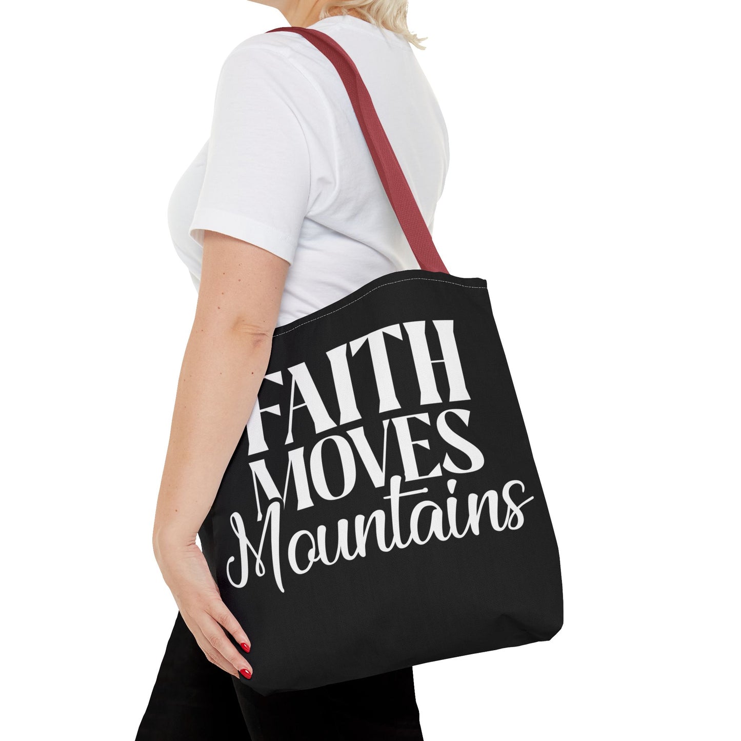 "Faith Moves Mountains Tote Bag - 16" All Over Print"