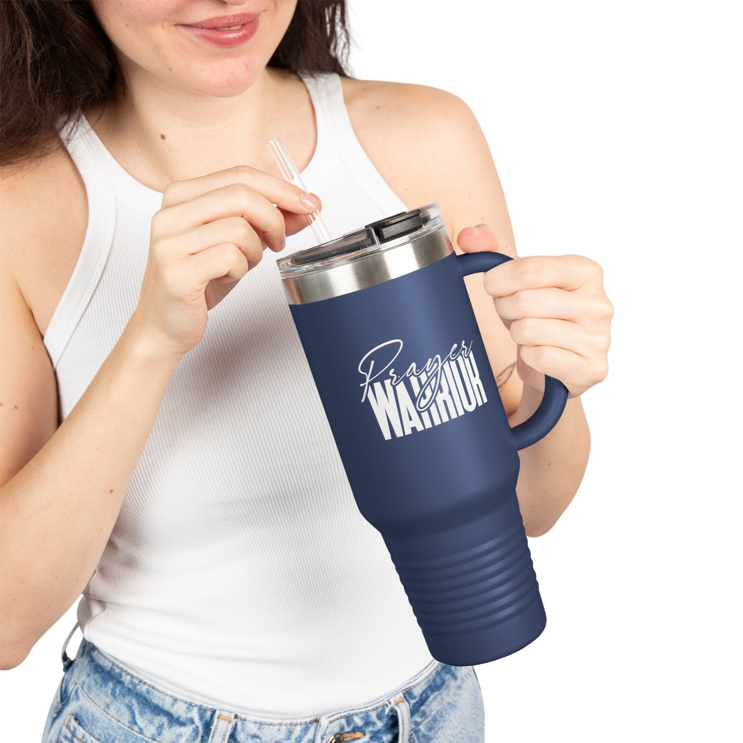 "40oz Insulated Travel Mug with Handle - Prayer Warrior Design, Keeps Drinks Hot or Cold, Perfect for Travel and Everyday Use"