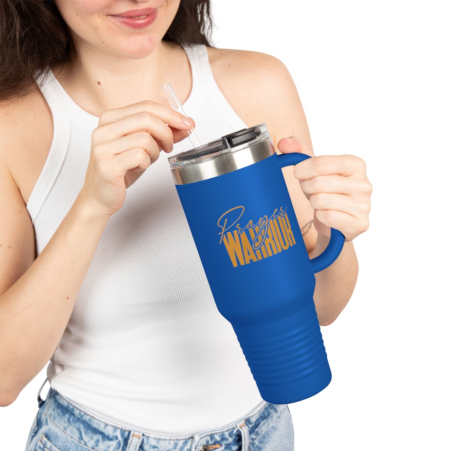 "40oz Insulated Travel Mug with Handle - Prayer Warrior Design, Keeps Drinks Hot or Cold, Perfect for Travel and Everyday Use"