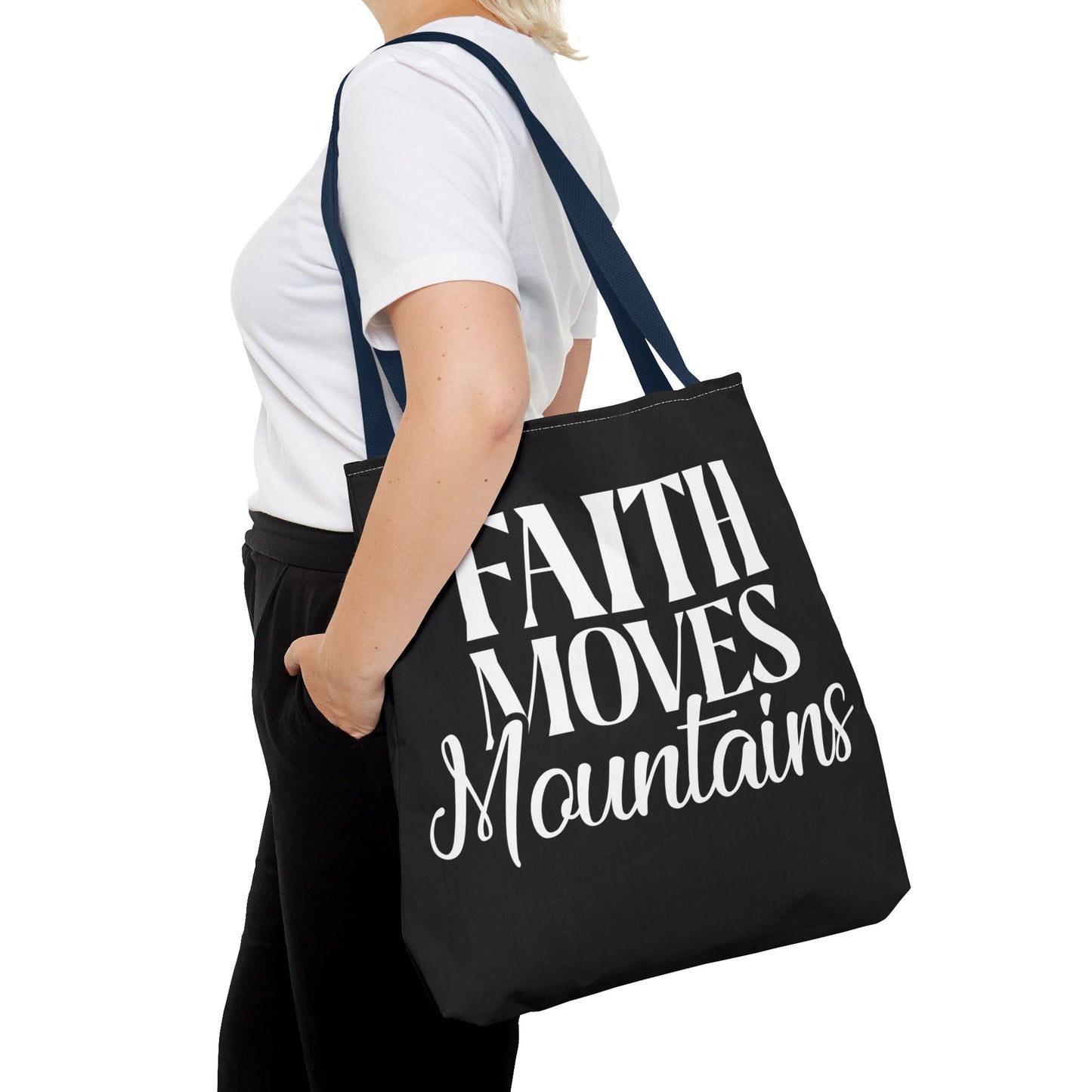 "Faith Moves Mountains Tote Bag - 18” All Over Print"