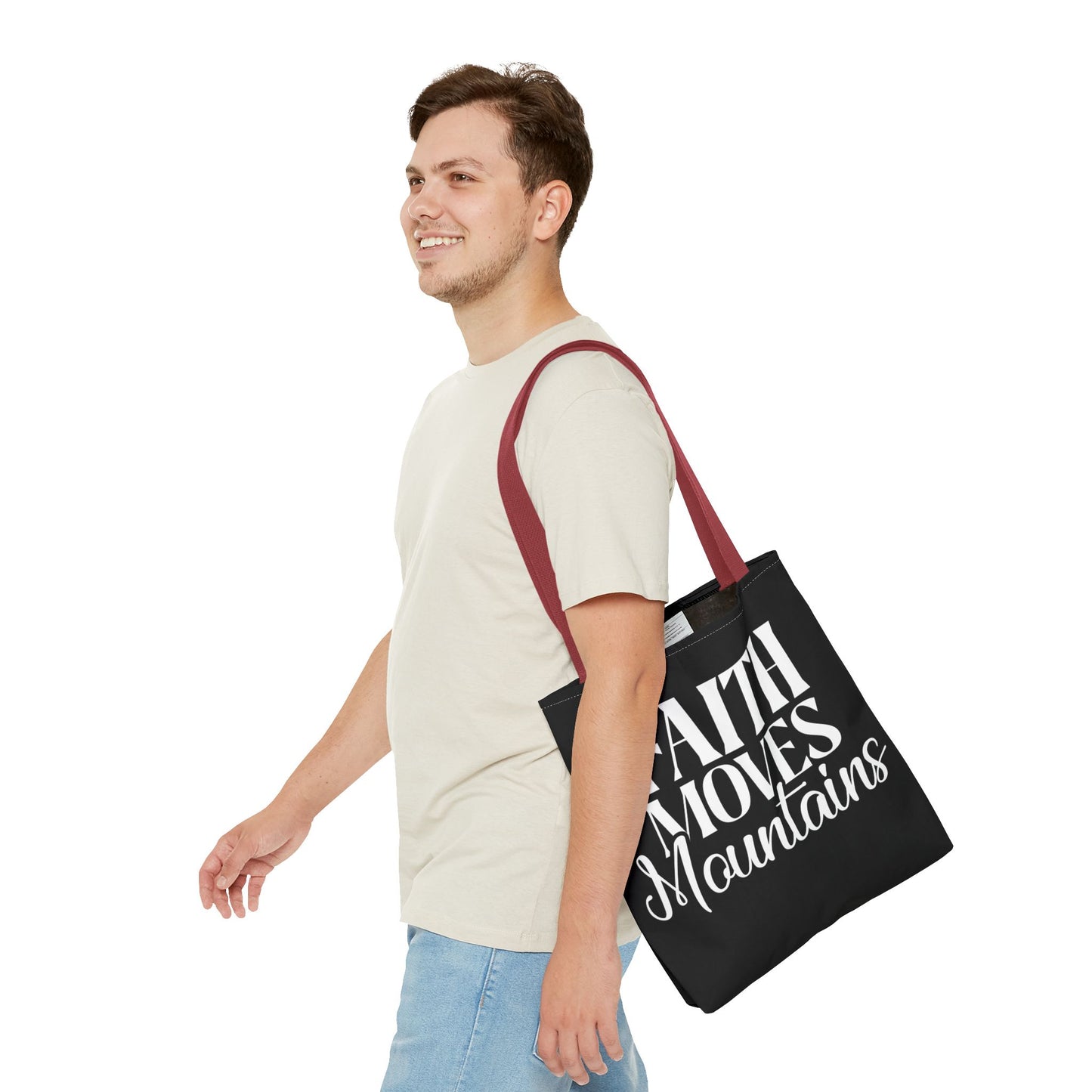 "Faith Moves Mountains Tote Bag - 16" All Over Print"