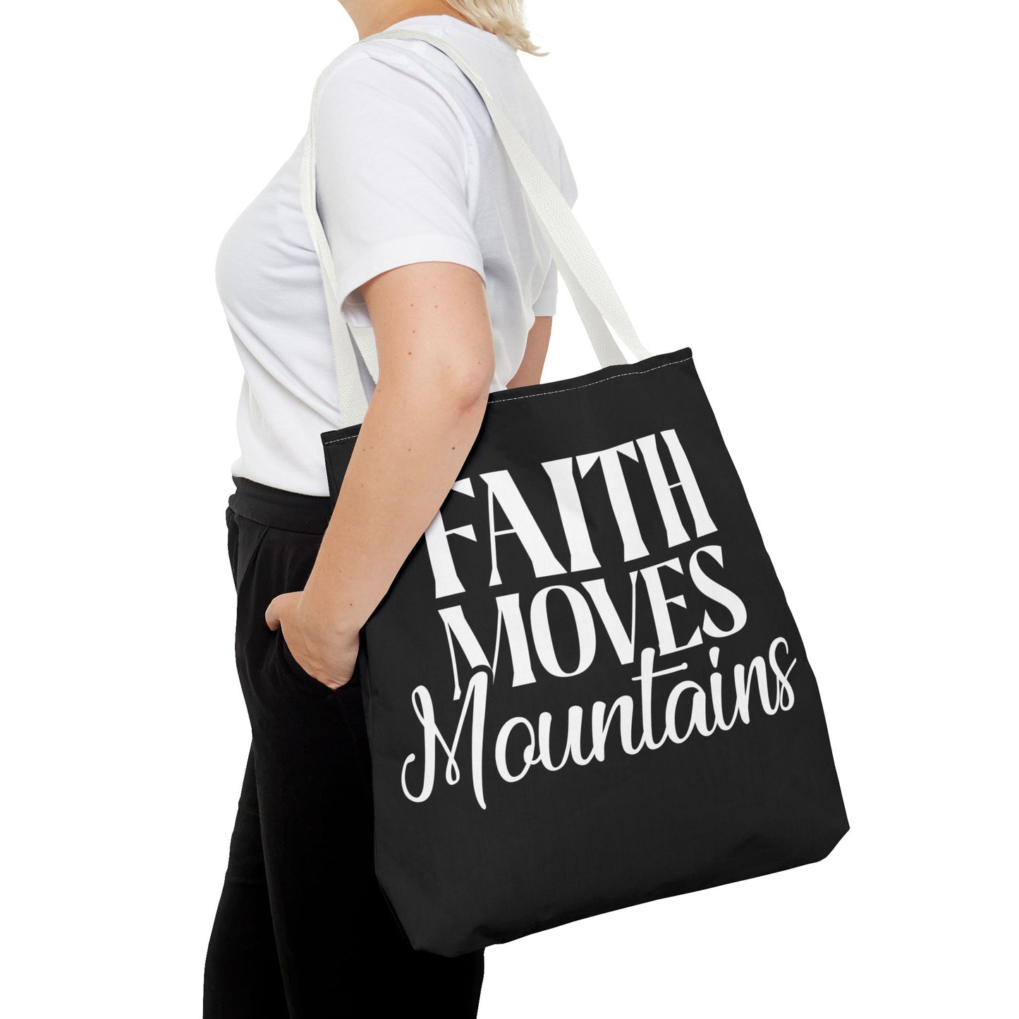 "Faith Moves Mountains Tote Bag - 18” All Over Print"
