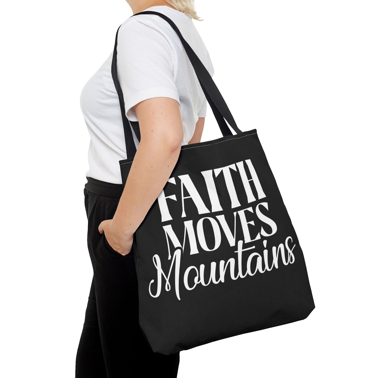 "Faith Moves Mountains Tote Bag - 18” All Over Print"