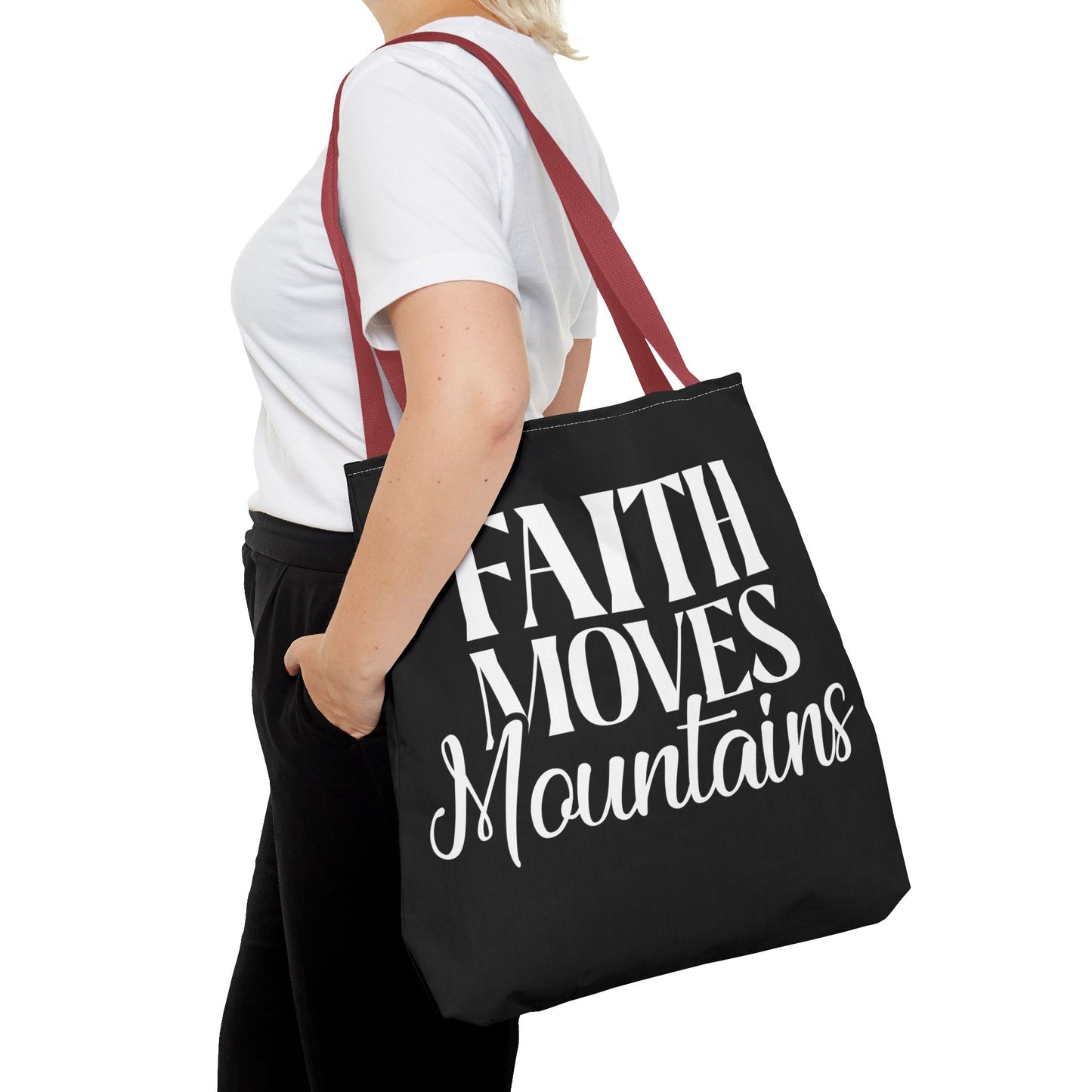"Faith Moves Mountains Tote Bag - 18” All Over Print"