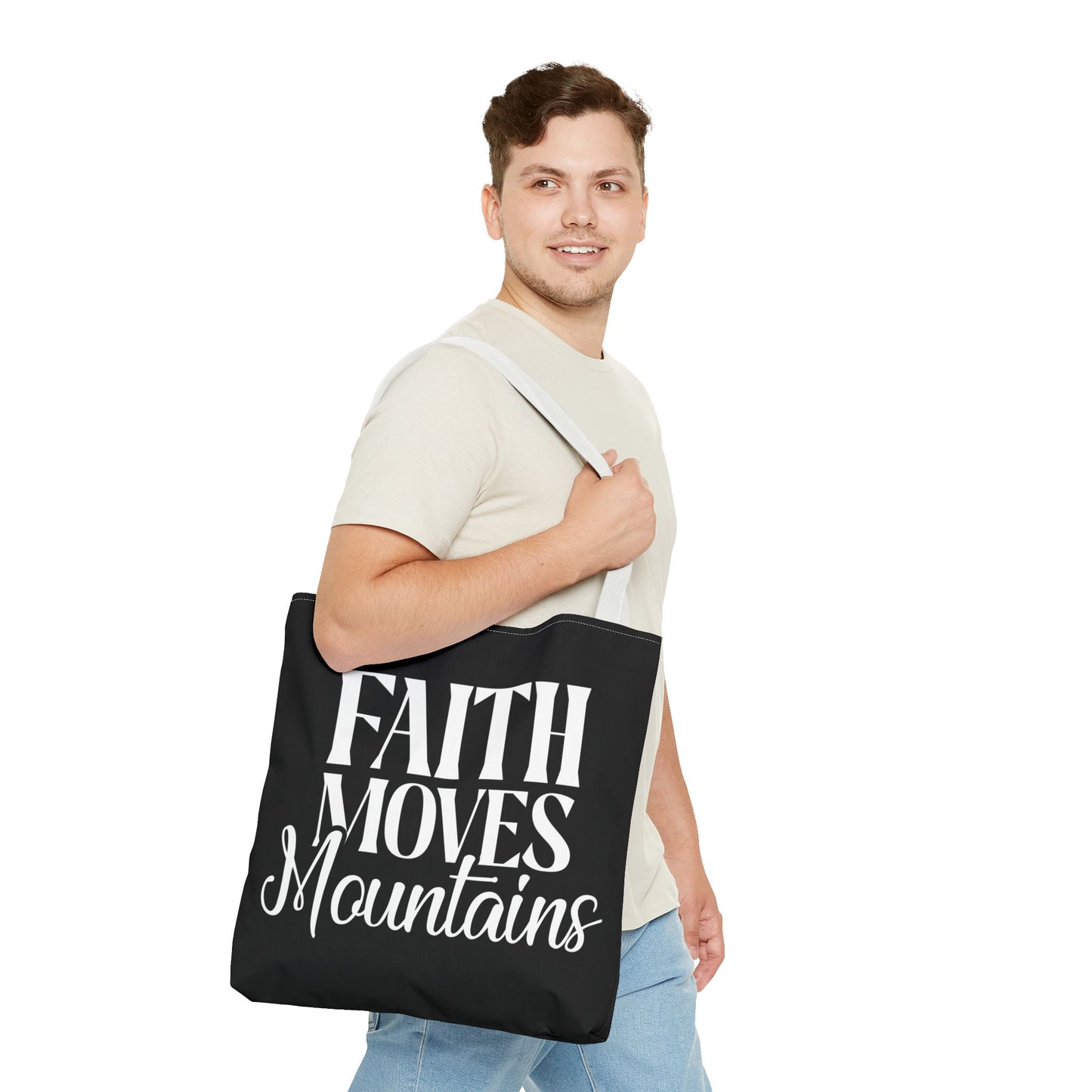 "Faith Moves Mountains Tote Bag - 18” All Over Print"